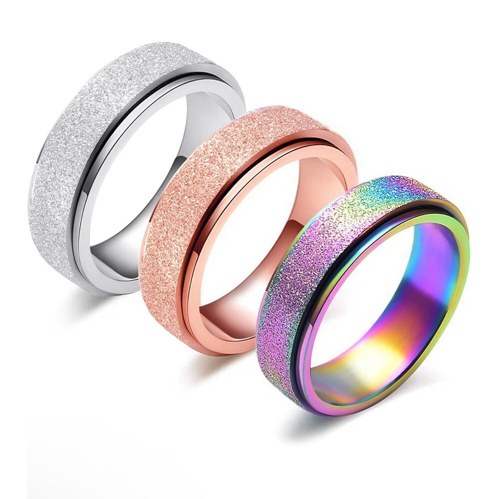 Set of 3 Spinner Anxiety Fidget Rings Stainless Steel Glitter Set Sz 11.5